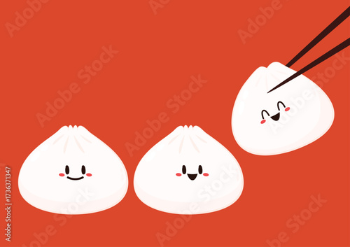 Dim sum food sets. Steamed dumplings banner template isolated on red. Asian traditional cuisine. Vector illustration in cartoon flat style. Chinese food.