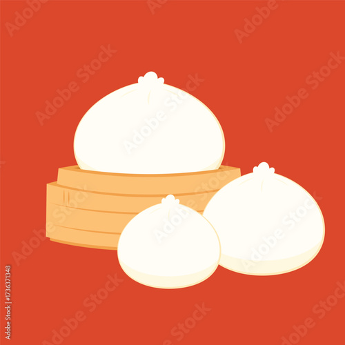 Dim sum, traditional Chinese dumplings, in bamboo steamer basket. Asian food vector illustration. Baozi or bao is Chinese food.