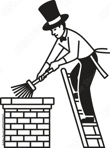 Chimney sweep in top hat cleaning chimney with brush and ladder