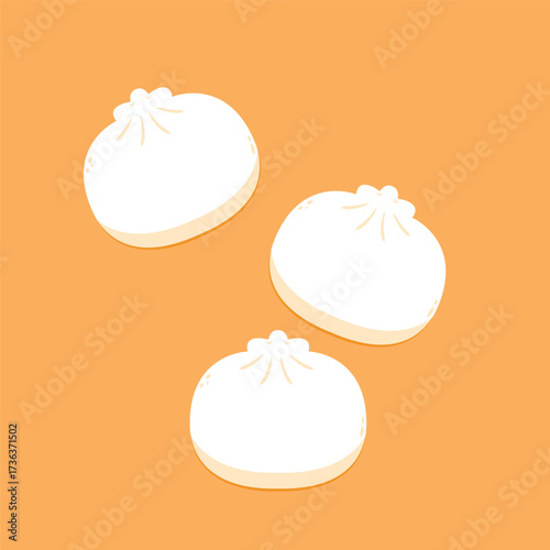 Dim sum, traditional Chinese dumplings, in bamboo steamer basket. Asian food vector illustration. Baozi or bao is Chinese food.