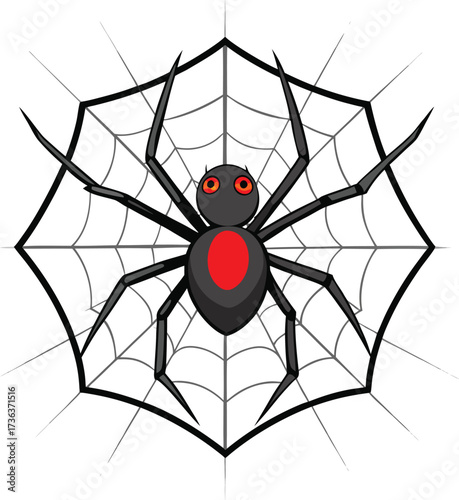 Cartoon Black Widow Spider with Red Marking on Web for Halloween