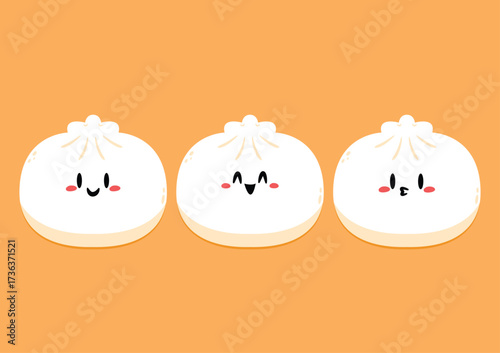 Cute Dim sum character, traditional Chinese dumplings, with funny smiling faces. Kawaii Asian food vector.
