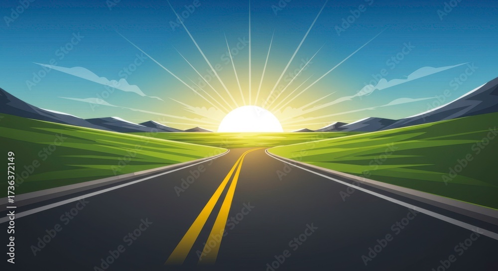 Naklejka premium Scenic road leading to a bright sunrise in a landscape illustration showing endless possibilities