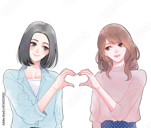 Plakat ハートポーズを作る女性同士のカップルイラスト