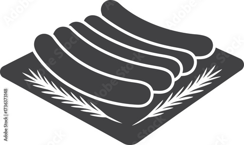 Stylized illustration of sausages on a plate with wheat stalks