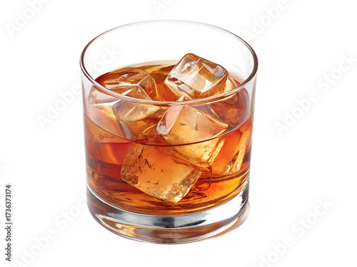 A refreshing amber colored cocktail with ice cubes in a clear glass isolated on transparent background