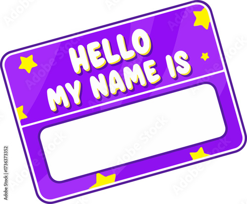 A vibrant purple "Hello My Name Is" tag with yellow stars and a blank white space for writing a name, angled for display.