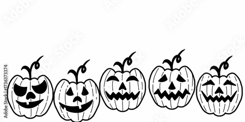 Line Art Jack-O-Lanterns border set vector illustration. Spooky Pumpkin Faces Halloween Banner