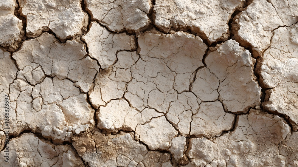 Fototapeta premium Intricate patterns of cracks and fissures traverse the sun-baked earth, showcasing a rough, textured surface in muted beige and brown tones, with a detailed, perspective.