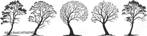 Collection of detailed tree silhouettes in various natural shapes. Elegant black vector illustrations for landscapes, design, and creative artworks. Ideal for nature-inspired projects.