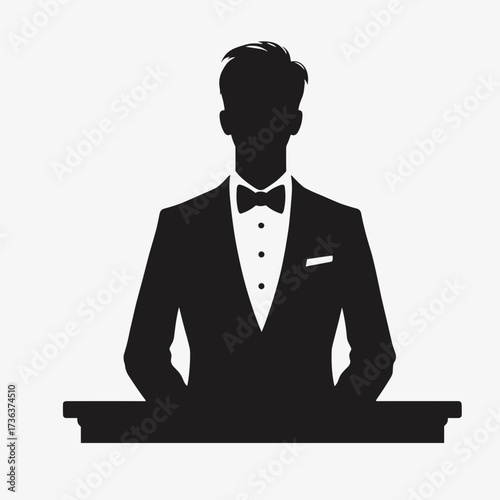 Young adult at reception silhouette in detailed formal clothing against plain white background