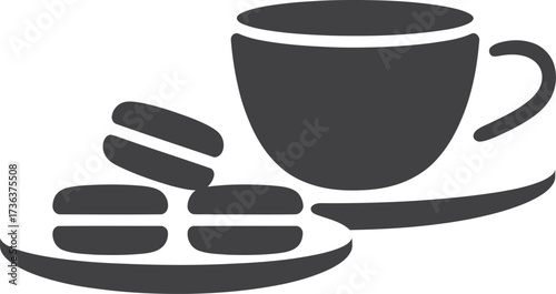 Simple silhouette of coffee cup and saucer with macarons