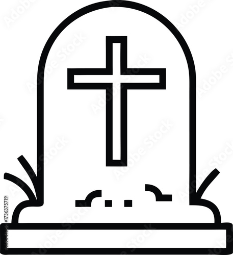 Line art illustration of a tombstone with a cross, a somber image