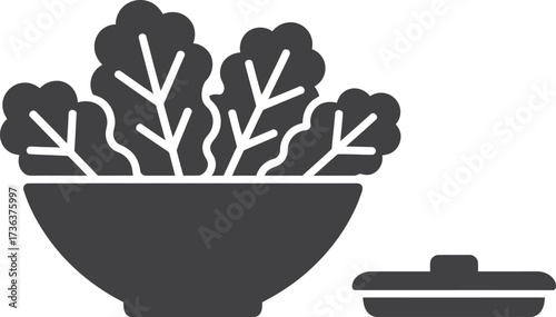 Simple silhouette icon of a bowl filled with fresh leafy greens and a lid