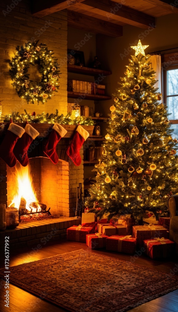 Fototapeta premium Cozy Christmas living room with glowing tree, fireplace and stockings, wrapped gifts, and warm golden light. Perfect for holiday branding, décor campaigns, and World Peace Day visuals.