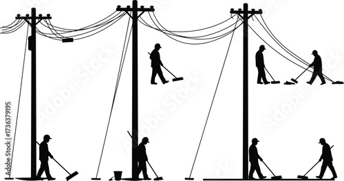 Silhouette workers cleaning utility poles, surreal maintenance concept, men sweeping wires, black and white illustration, teamwork balance, unusual labor scene