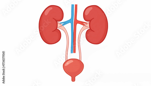 A simplified illustration of the human urinary system, depicting kidneys, ureters, bladder, and associated blood vessels.