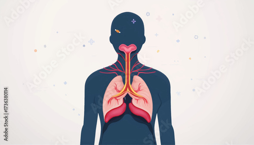 Illustration of a human respiratory system with lungs, trachea, and throat, showing the pathway of air and potential irritants.