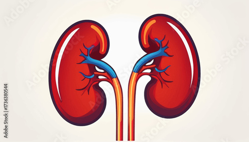 A vibrant medical illustration of two human kidneys, showing the renal artery, vein, and ureters.