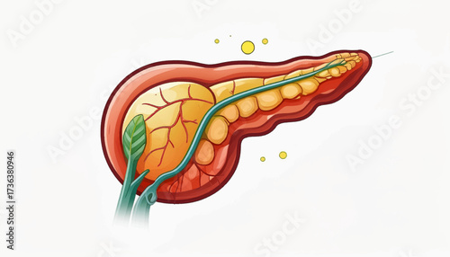 Illustration of a human pancreas showing the organ's structure, ducts, and surrounding tissues, set against a plain white background.