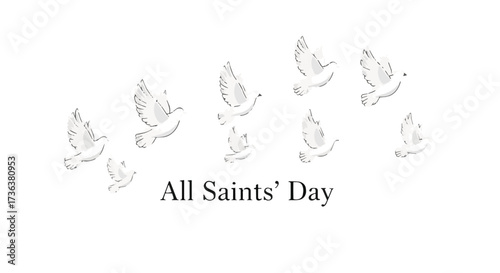 All Saints' Day peaceful white doves flying, symbolizing remembrance, peace, and spirituality for a religious Christian holiday celebration.