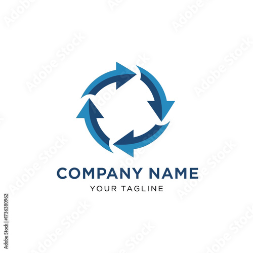 A circular logo featuring four blue arrows pointing inwards, forming a continuous loop, with placeholder text for company name and tagline below.