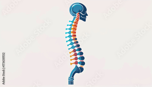 Anatomical illustration of a human spine showing vertebral column, cervical, thoracic, and lumbar regions with a stylized head.