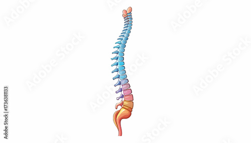 Detailed lateral view of the human vertebral column, depicted with different colored segments representing its anatomical regions.