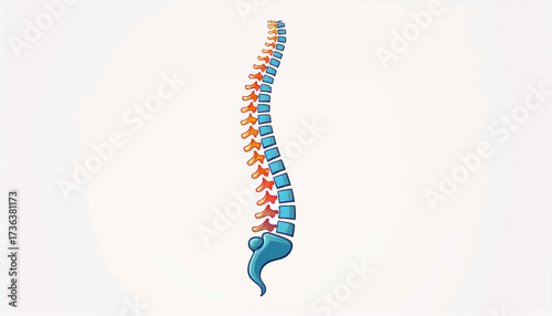 Anatomical illustration depicting a human spine with colored vertebrae, detailed and informative.