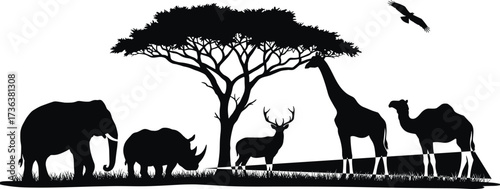 African wildlife silhouette, savanna animals under acacia tree, elephant, giraffe, camel, rhino, deer, bird flying, nature scene, vector illustration
