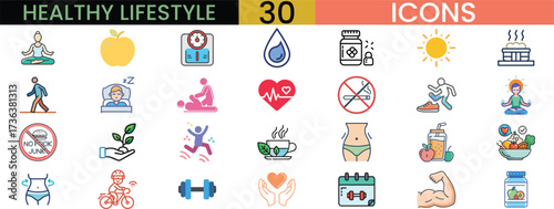 Collection of 30 healthy lifestyle icons representing well-being and nutrition vector