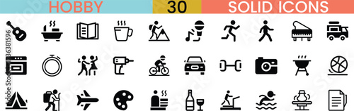 Set of 30 solid hobby icons vector illustration featuring activities like music, reading, hiking, cycling, travel, and sports for web and app design