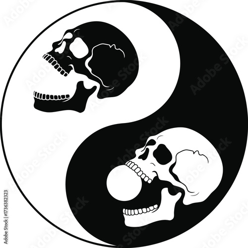 Yin Yang Skull Illustration with Exhaling and Swallowing Skulls in Black and White