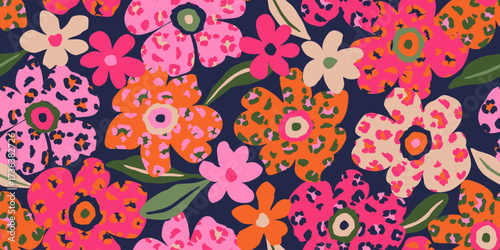 Hand drawn ethnic floral pattern. Seamless patterns with flowers, palm leaves and leopard. For fabric, textiles, clothing, poster, cover, banner, wall art, home decor, abstract backgrounds.