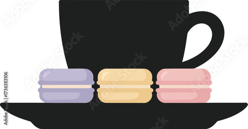 Silhouette of a coffee cup and saucer with three colorful macarons