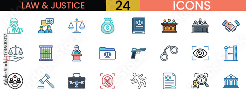 Collection of law and justice icons representing legal concepts and courtroom proceedings vector