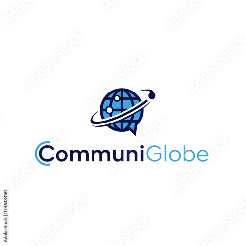 Logo featuring a globe stylized as a speech bubble with an orbiting ring, representing global communication.