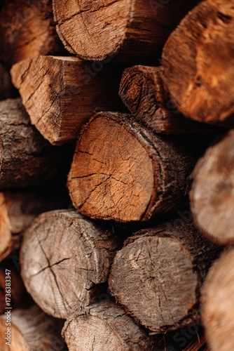 Close-up view of neatly stacked, weathered firewood logs