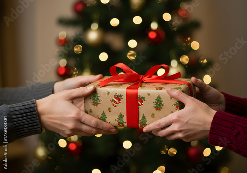 [Generative AI] 크리스마스 트리 앞에서 선물을 주고받는 손