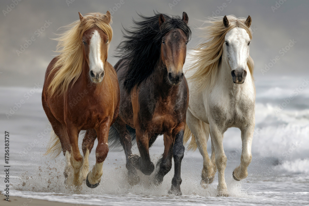 Fototapeta premium three horses at the beach, digital art,brown horse with black flowing mane, pinto with blonde flowing mane, white horse with black mane, -