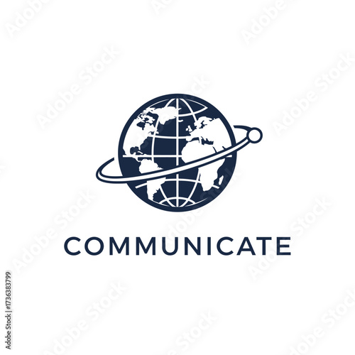 A dark blue globe with latitude and longitude lines, encircled by a thin, orbiting ring, with the word "COMMUNICATE" below it.