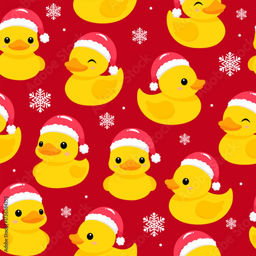 Cute rubber ducky with Christmas theme seamless pattern on red background 