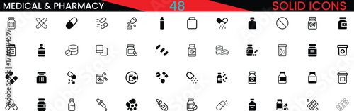 Set of medical and pharmacy solid icons for healthcare and medicine concepts vector
