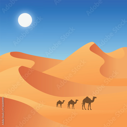arab desert three camel silhouette vector