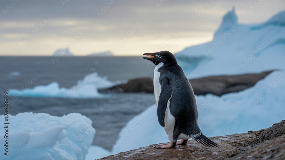 Fototapeta premium Penguin standing on icy rock near ocean in antarctic wildlife landscape 