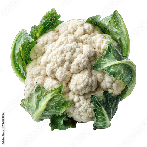 Fresh head of cauliflower, creamy white florets, vibrant green leaves