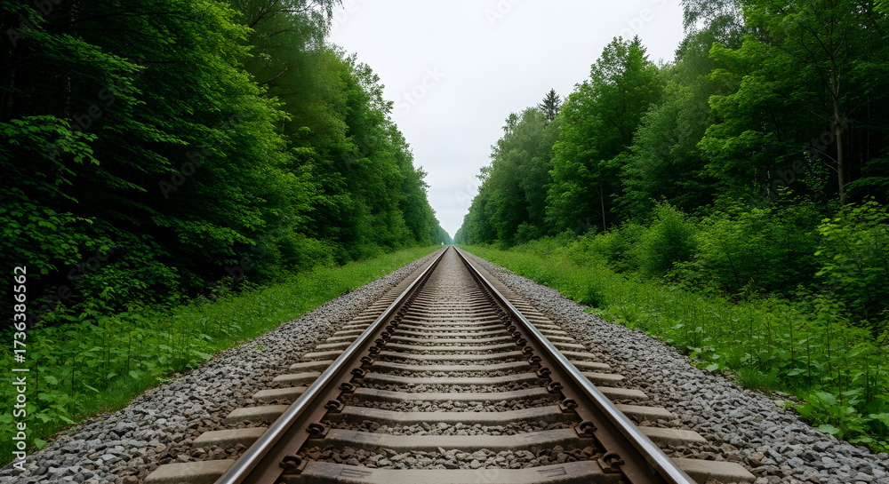 Fototapeta premium Railway tracks through lush green forest