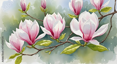 Magnolia blossoms blooming on branch watercolor illustration