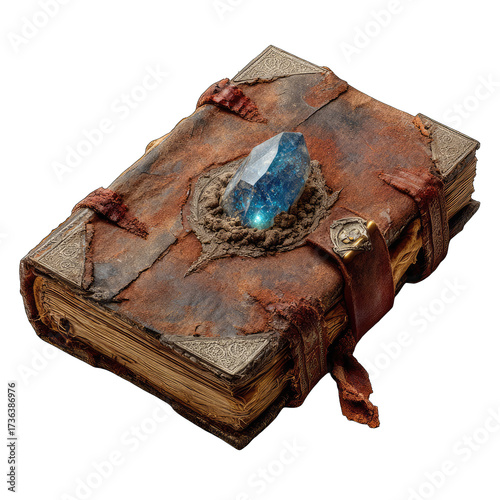 Aged leather-bound book with a large, glowing blue crystal