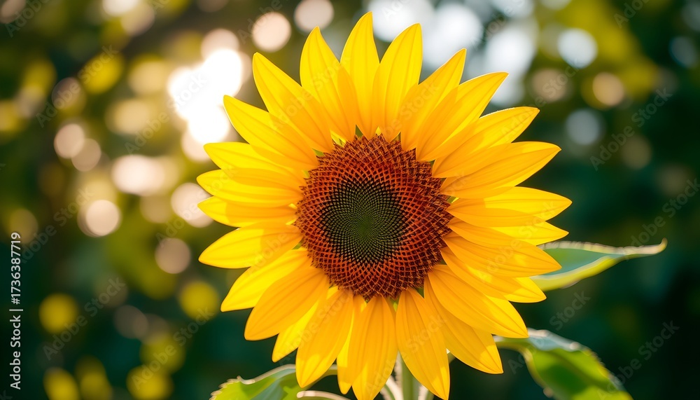 Fototapeta premium Close-up of a vibrant yellow sunflower blooming in a sunny garden with blurred green background and bokeh lights, showcasing its intricate details.